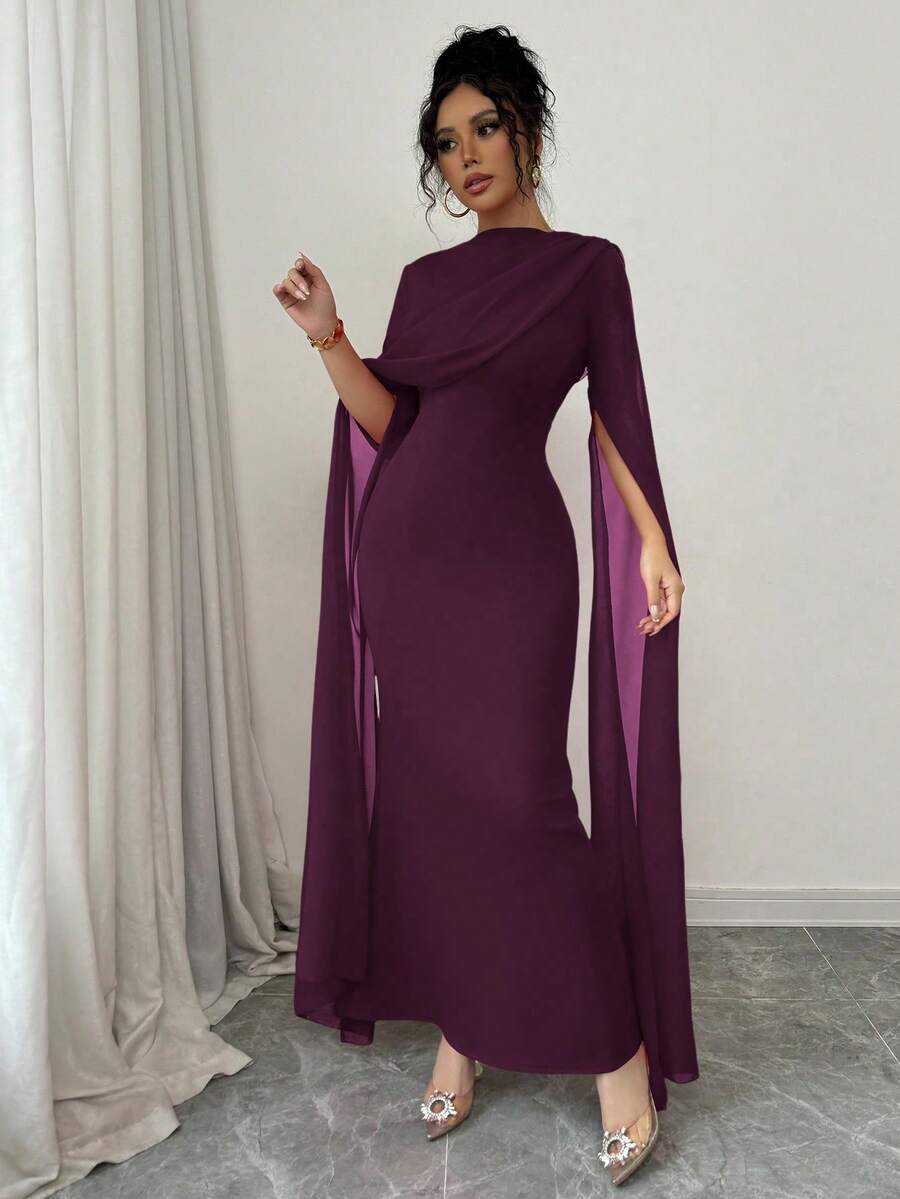 SHEIN Raffinéa فستان شيفون بودي كون بأكمام ناقوسية ممزقة بلون بنفسجي عنبي
