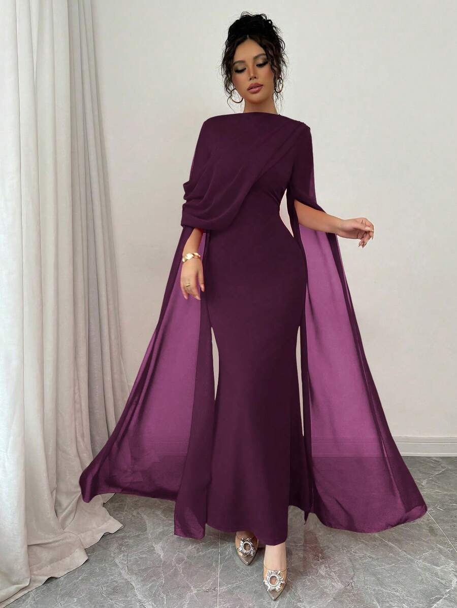 SHEIN Raffinéa فستان شيفون بودي كون بأكمام ناقوسية ممزقة بلون بنفسجي عنبي