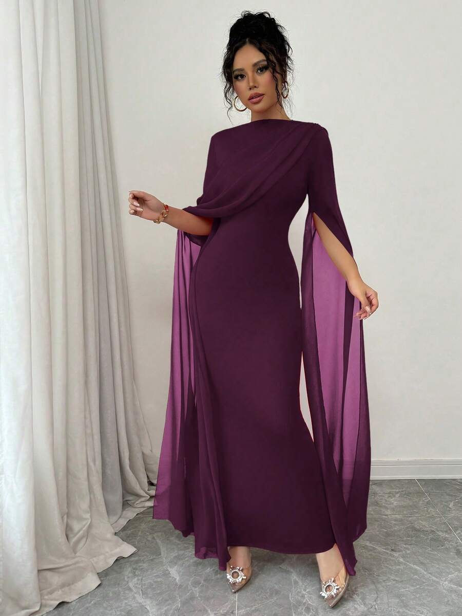SHEIN Raffinéa فستان شيفون بودي كون بأكمام ناقوسية ممزقة بلون بنفسجي عنبي