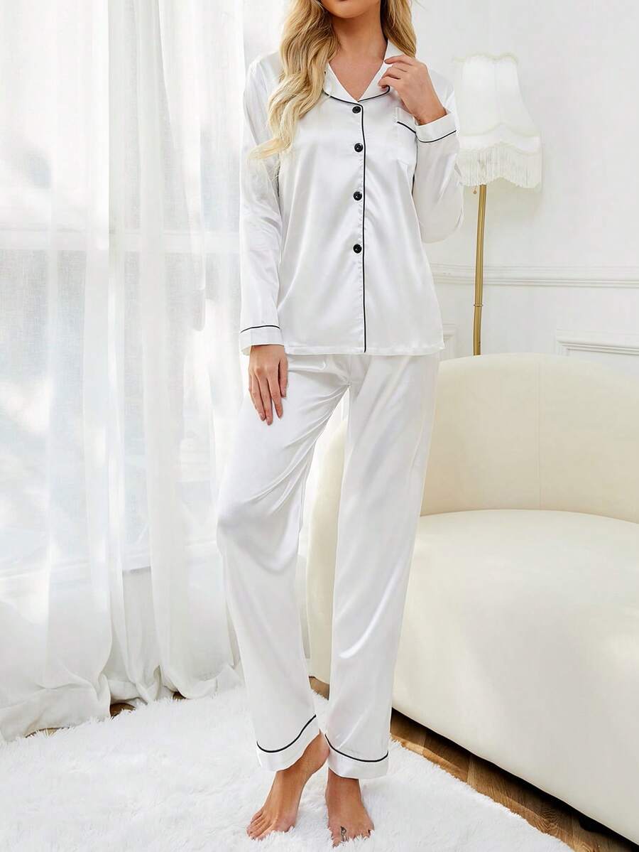 SHEIN LuxeNights طقم بيجامة ساتان بيضاء