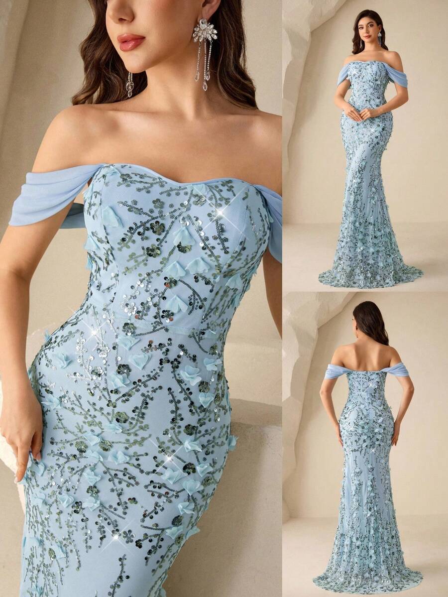 SHEIN Coutiva فستان سهرة طويل بأكتاف مكشوفة مزين بزخارف زهرية مرصعة وبريق فاخر