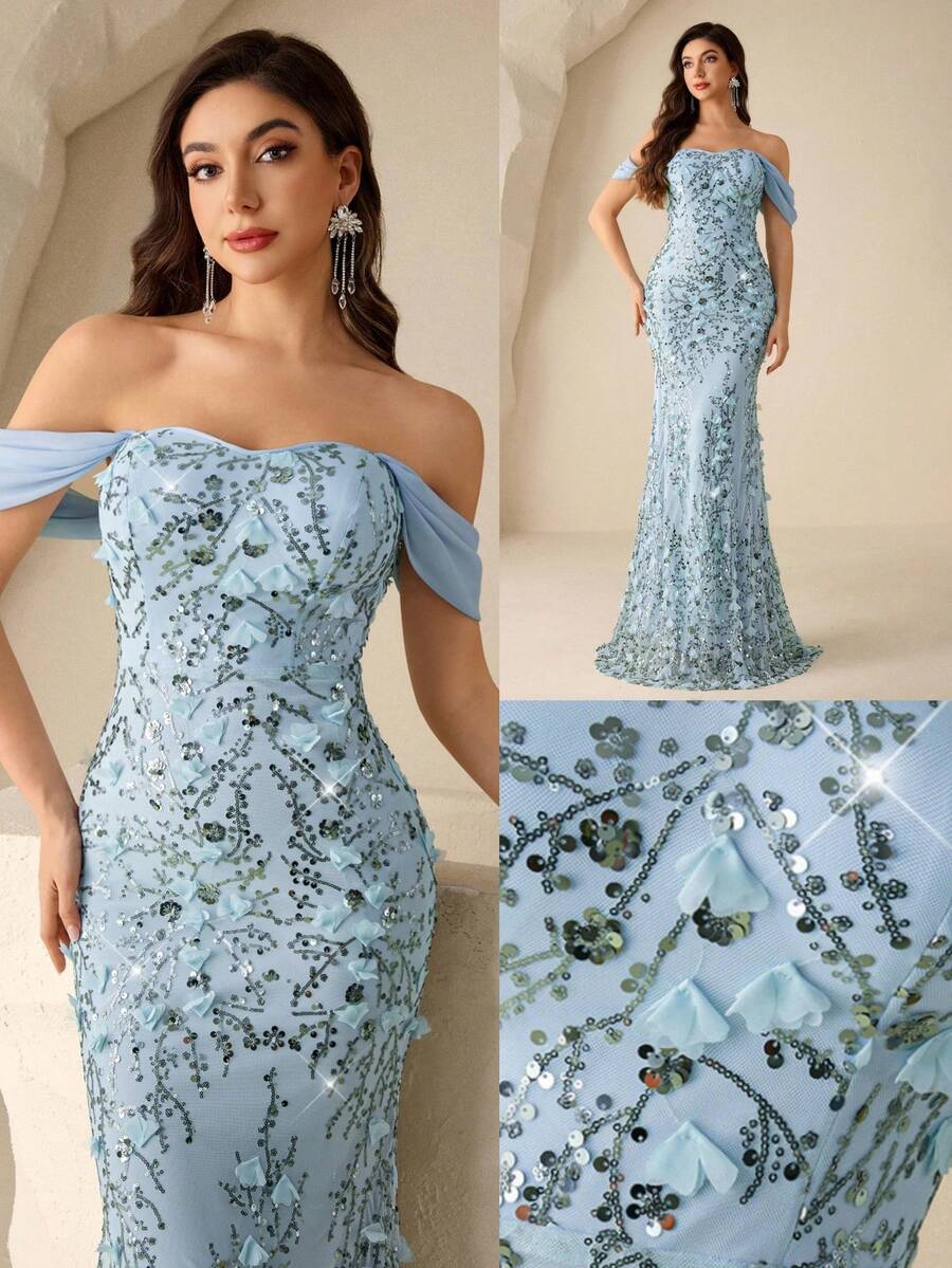 SHEIN Coutiva فستان سهرة طويل بأكتاف مكشوفة مزين بزخارف زهرية مرصعة وبريق فاخر