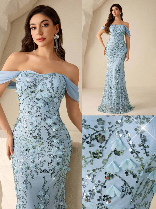 SHEIN Coutiva فستان سهرة طويل بأكتاف مكشوفة مزين بزخارف زهرية مرصعة وبريق فاخر