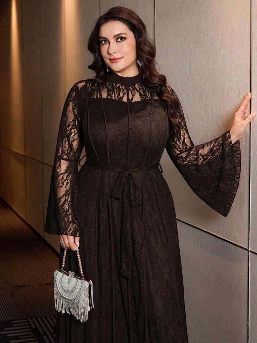 SHEIN Modelyn فستان للمقاس الكبير سادة بأكمام دانتيل طويلة وخصر مشدود