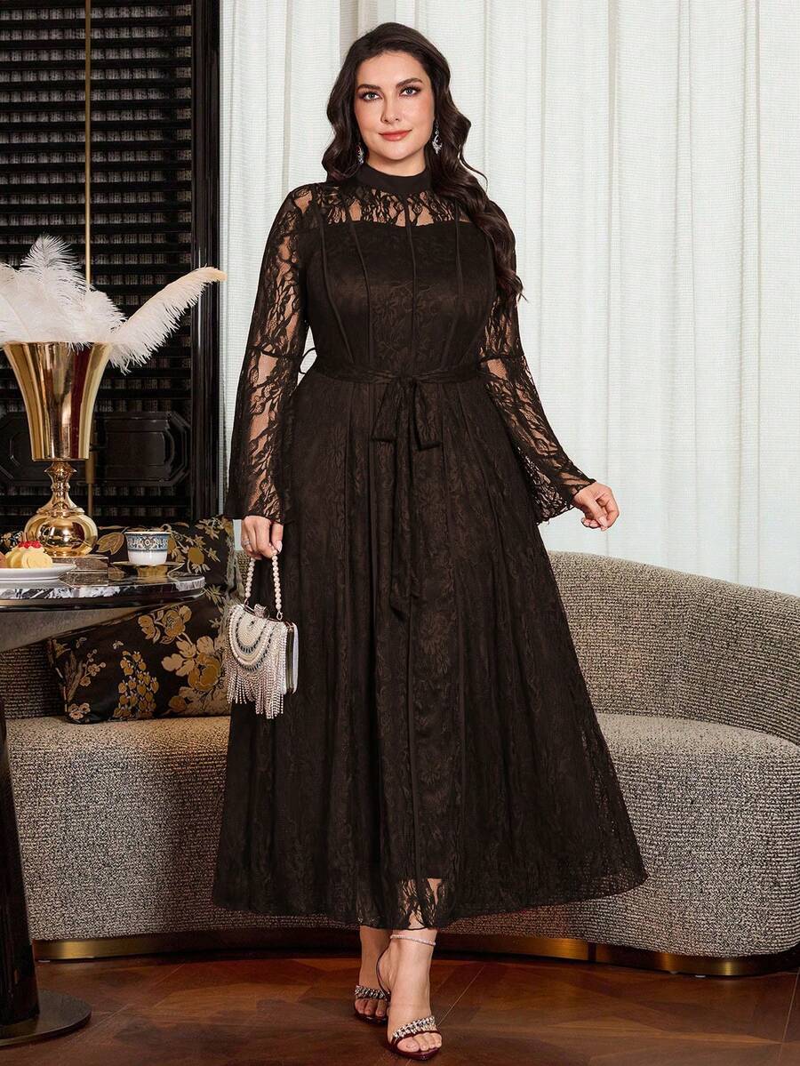SHEIN Modelyn فستان للمقاس الكبير سادة بأكمام دانتيل طويلة وخصر مشدود