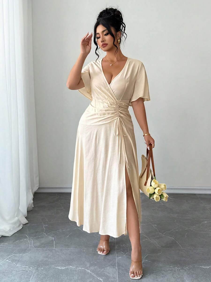 SHEIN Elenzga فستان ماكسي للمقاسات الكبيرة برباط خصر وأكمام فانوس