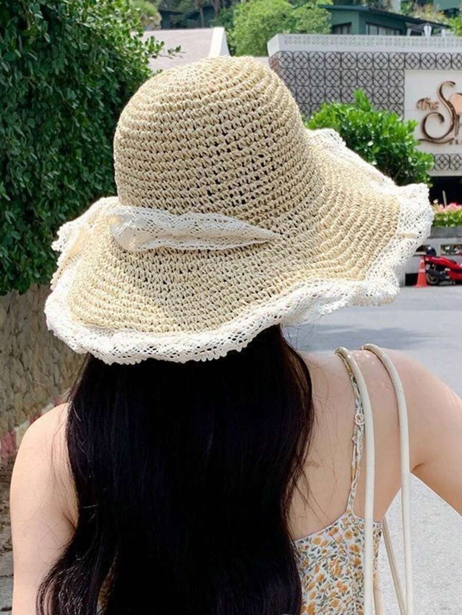 SHEIN مجموعة حقيبة كتف كروشيه وقبعة شمس قش شبكية زهرية