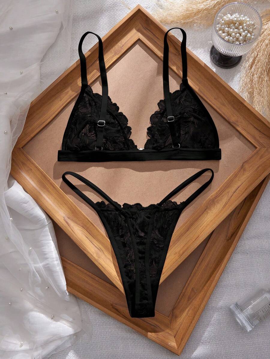 SHEIN Divavoom طقم لانجري أسود قطعتين مزين بالدانتيل بتصميم أمامي مغلق