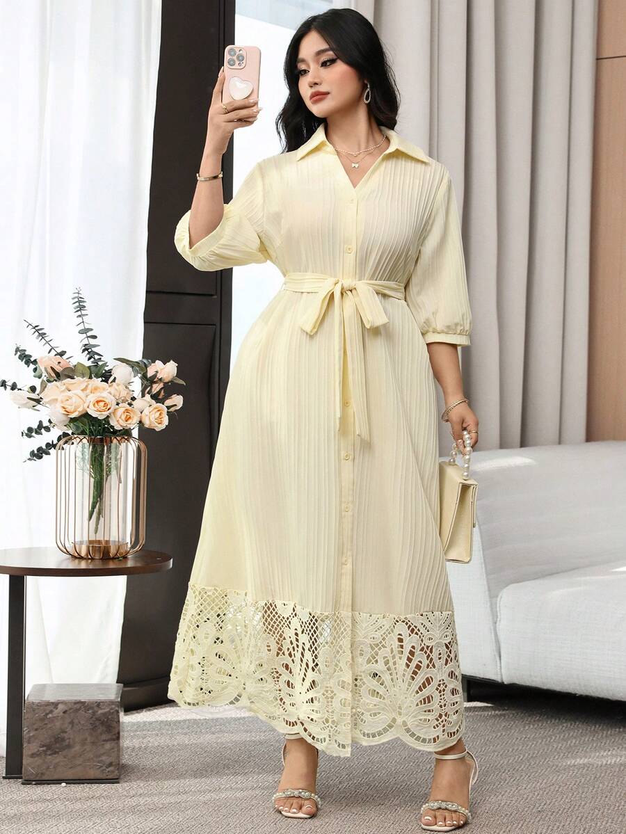 SHEIN Modelyn فستان مقاس كبير بلون أوزة صفراء بتصميم مفتوح وأزرار أمامية