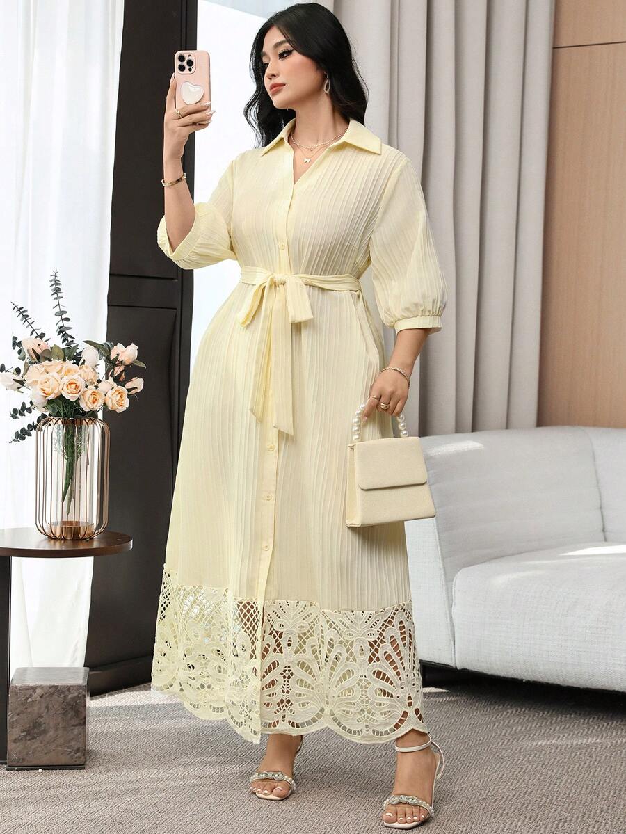SHEIN Modelyn فستان مقاس كبير بلون أوزة صفراء بتصميم مفتوح وأزرار أمامية