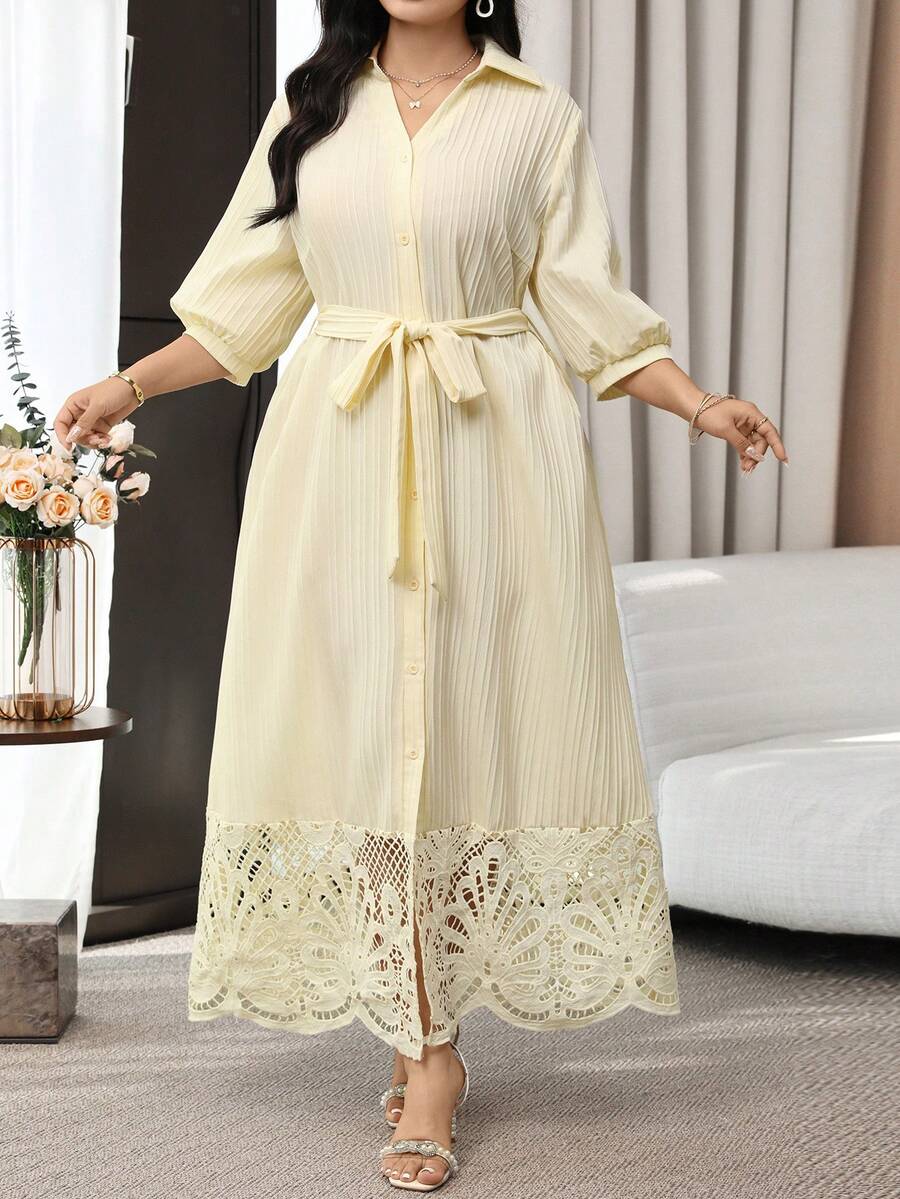 SHEIN Modelyn فستان مقاس كبير بلون أوزة صفراء بتصميم مفتوح وأزرار أمامية