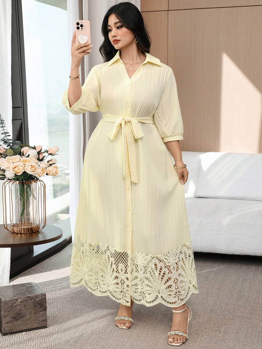 SHEIN Modelyn فستان مقاس كبير بلون أوزة صفراء بتصميم مفتوح وأزرار أمامية