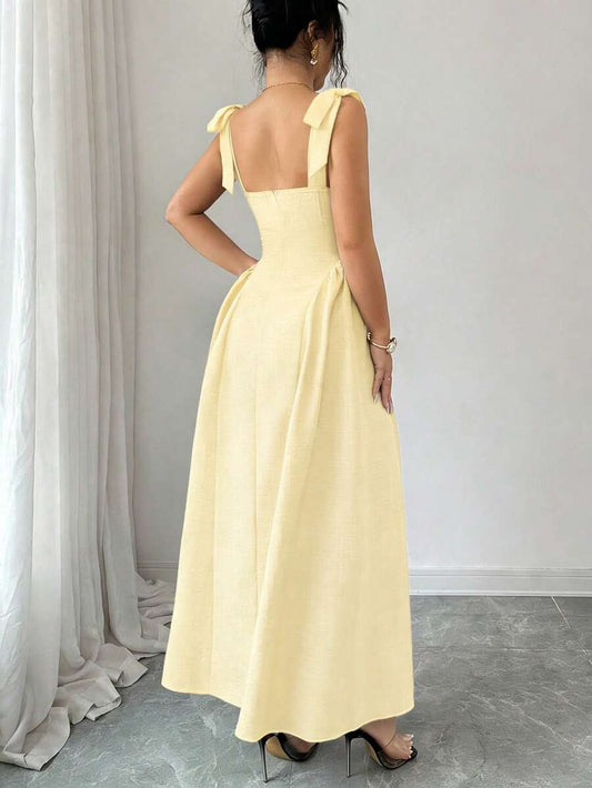 SHEIN Elenzga فستان أصفر بنسيج ملمس ثنائي اللون وربطة كتف