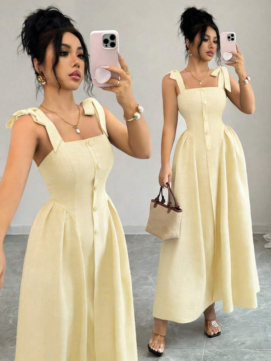 SHEIN Elenzga فستان أصفر بنسيج ملمس ثنائي اللون وربطة كتف