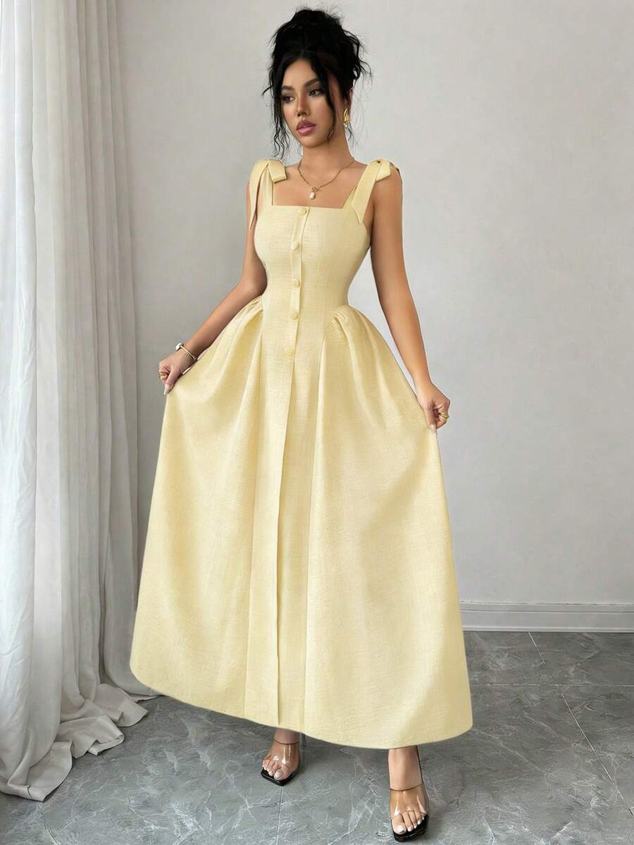 SHEIN Elenzga فستان أصفر بنسيج ملمس ثنائي اللون وربطة كتف