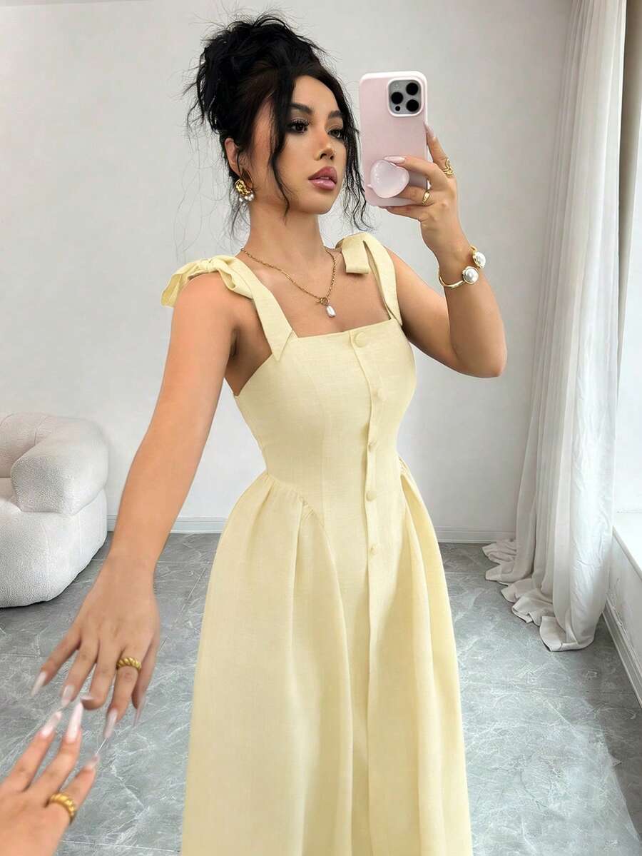 SHEIN Elenzga فستان أصفر بنسيج ملمس ثنائي اللون وربطة كتف