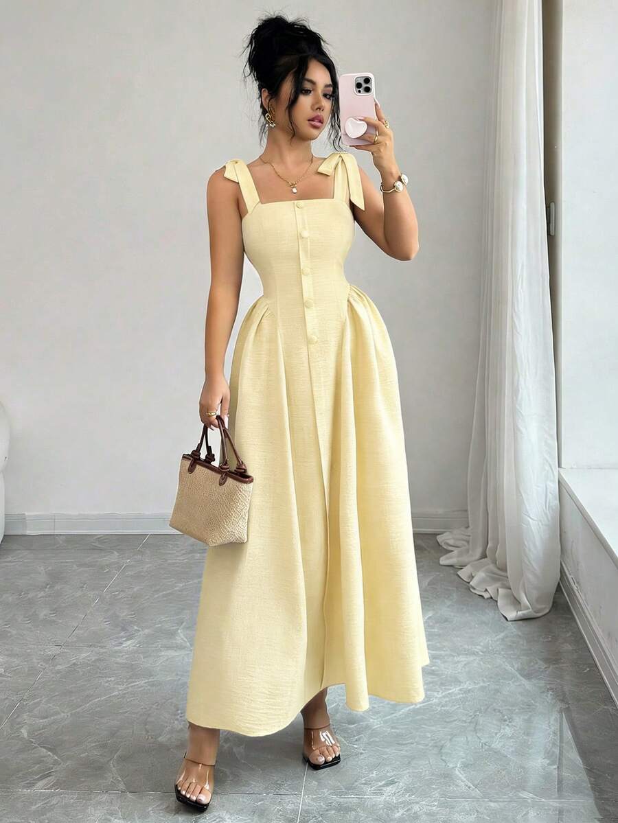 SHEIN Elenzga فستان أصفر بنسيج ملمس ثنائي اللون وربطة كتف