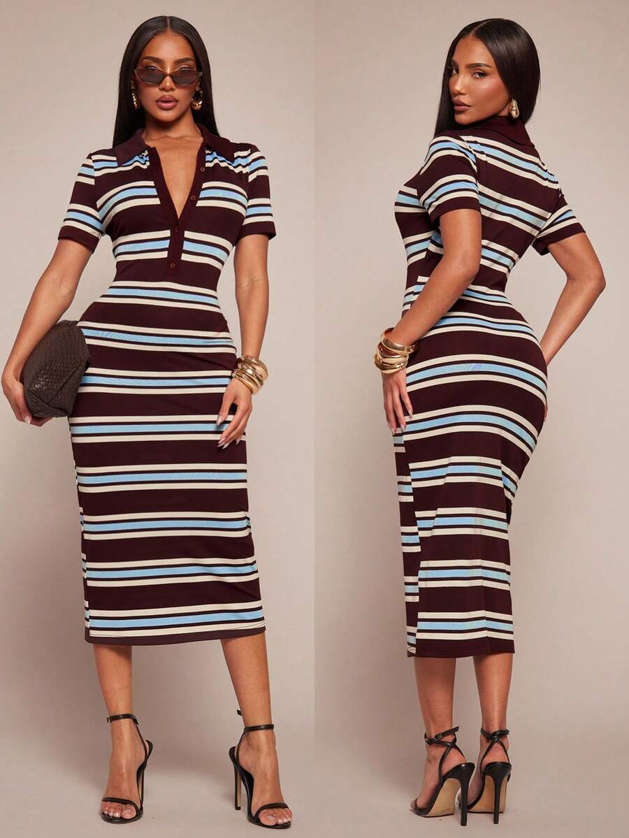 SHEIN Radiana فستان بولو مخطط بأكمام قصيرة وألوان متباينة