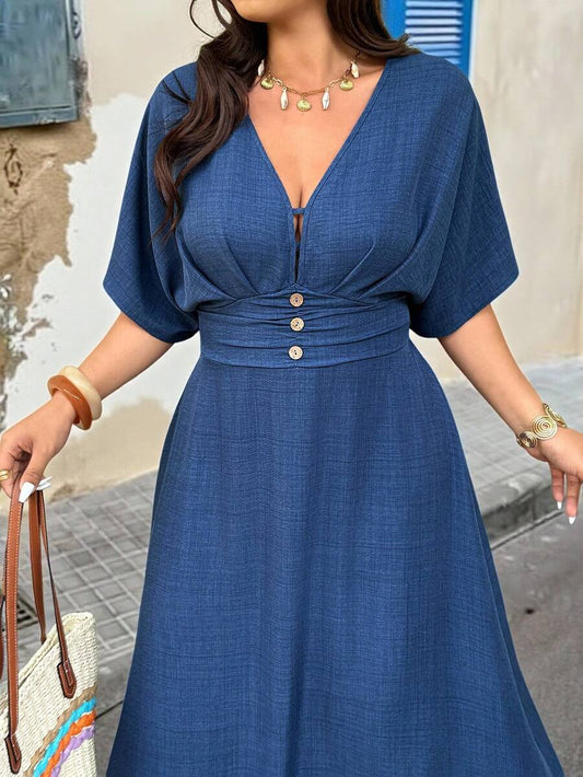 SHEIN Vionelle فستان أزرق للمقاسات الكبيرة بدون أكمام بخصر مطوي