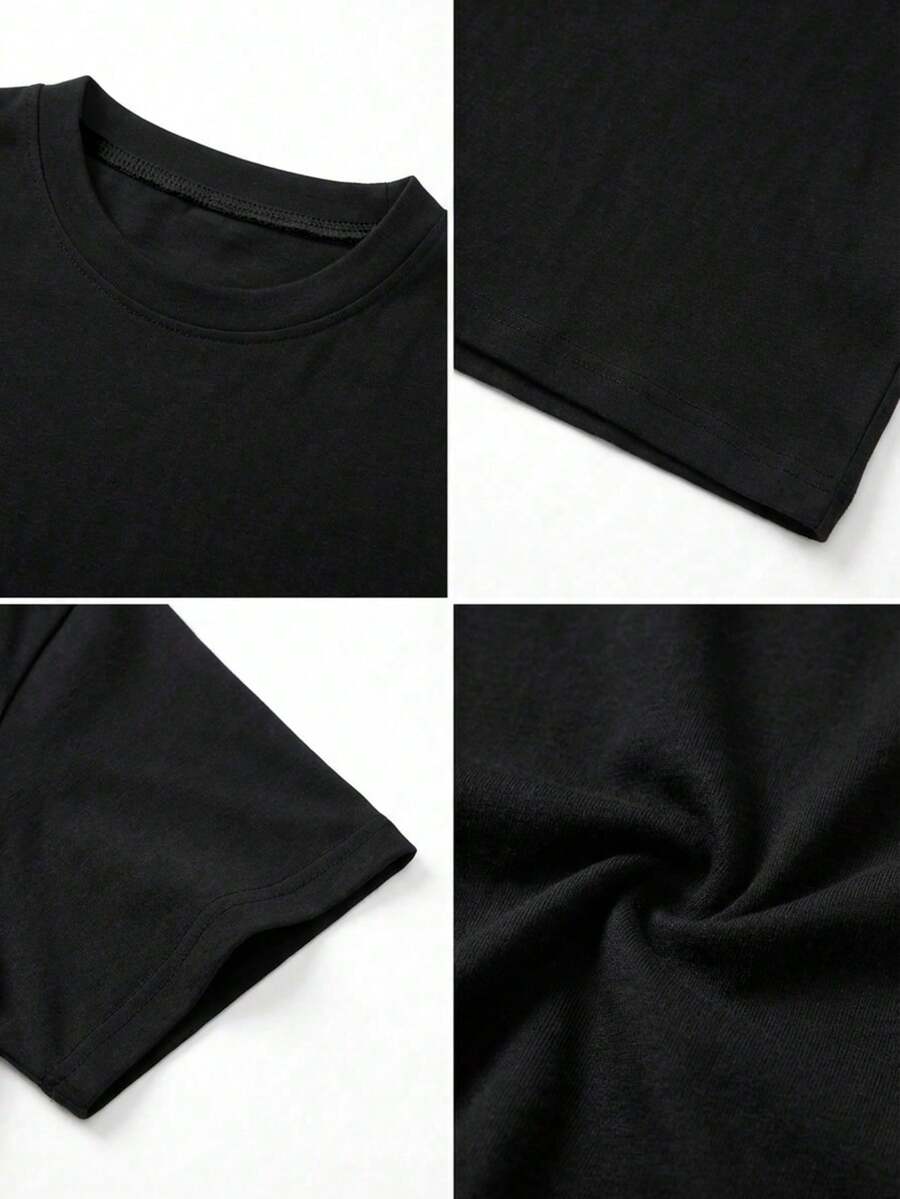 SHEIN تي شيرت أسود فضفاض بياقة دائرية وأكمام قصيرة