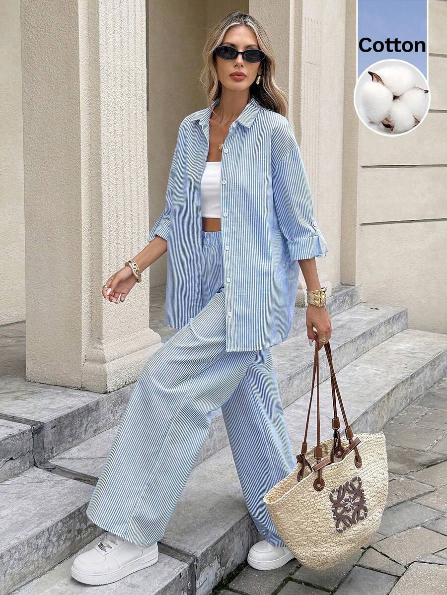 SHEIN Serisse طقم نسائي مخطط باللونين الأزرق والأبيض لإطلالة صيفية مريحة وأنيقة