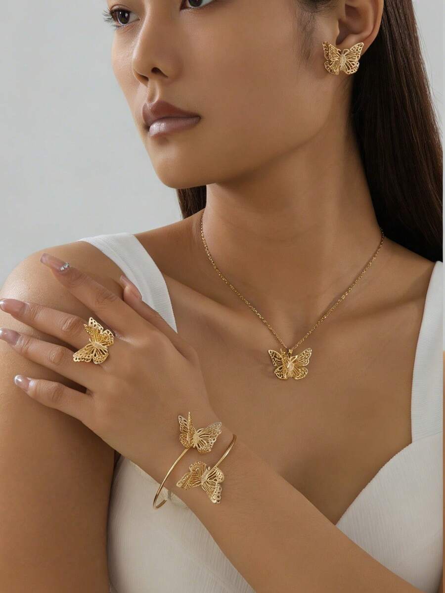 SHEIN طقم مجوهرات 6 قطع بتصميم زهرة 5 بتلات بطراز قديم