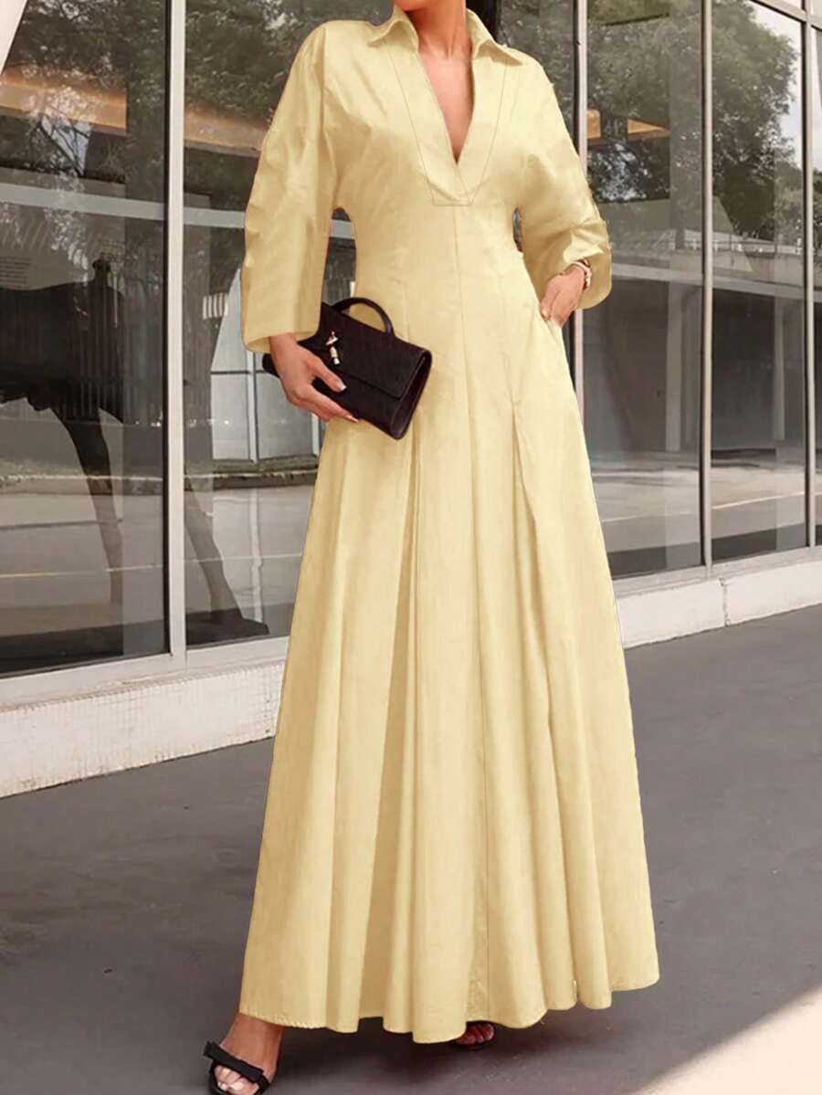 SHEIN فستان أصفر طويل بأكمام طويلة وذيل متسع