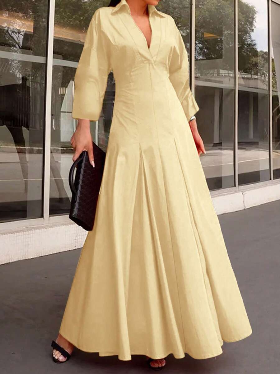 SHEIN فستان أصفر طويل بأكمام طويلة وذيل متسع