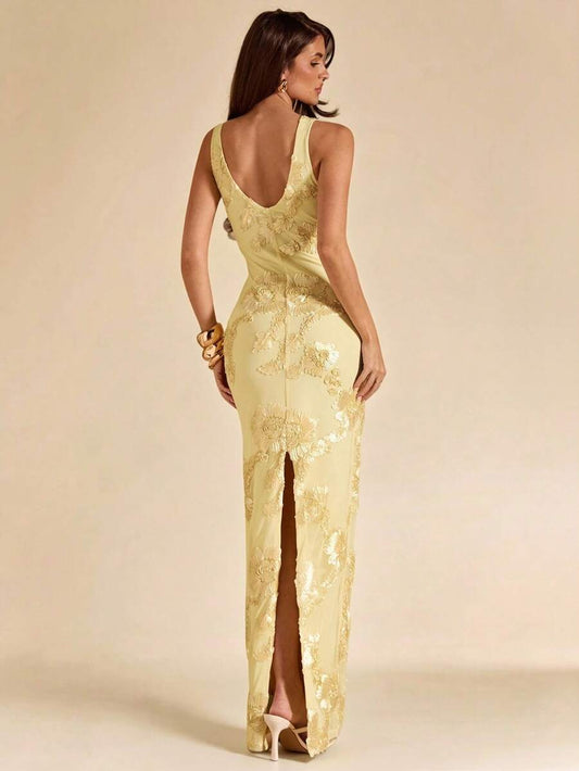 SHEIN BAE فستان أصفر بدون أكمام بتصميم منسوج أنيق