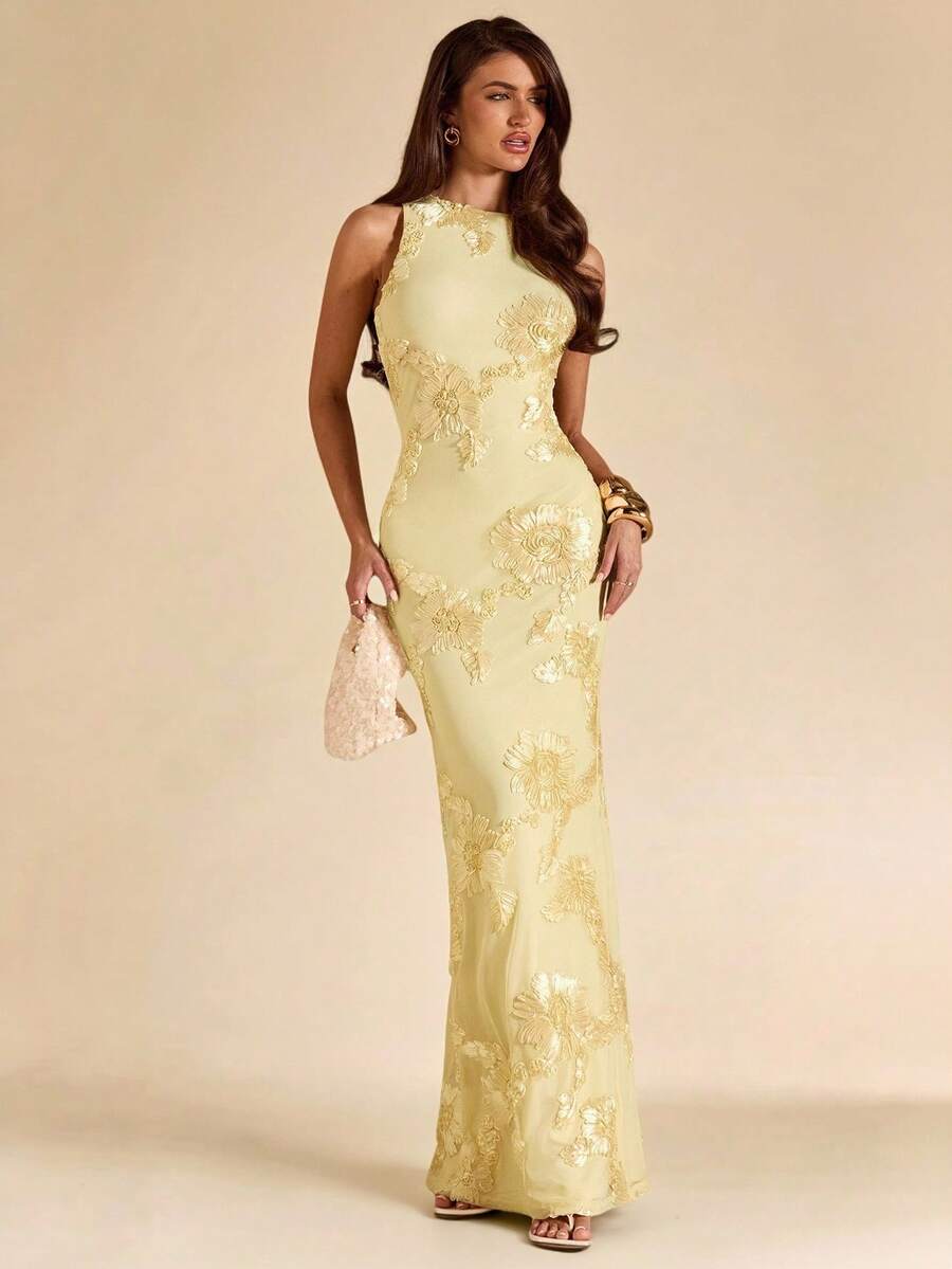 SHEIN BAE فستان أصفر بدون أكمام بتصميم منسوج أنيق