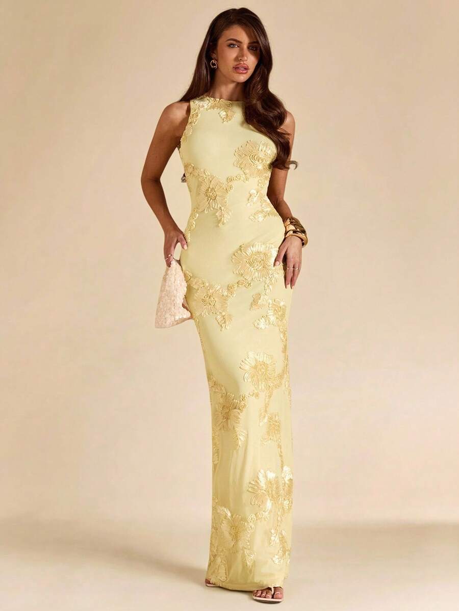 SHEIN BAE فستان أصفر بدون أكمام بتصميم منسوج أنيق