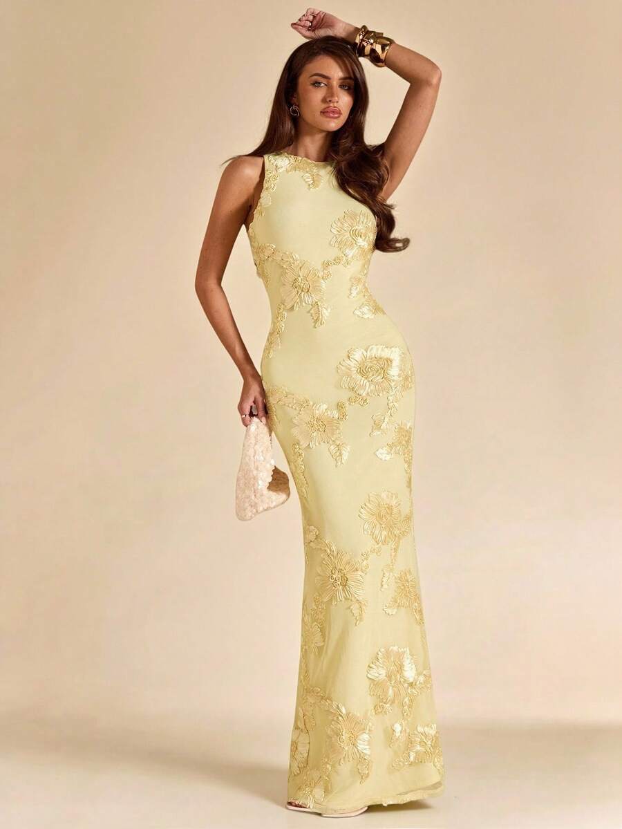 SHEIN BAE فستان أصفر بدون أكمام بتصميم منسوج أنيق