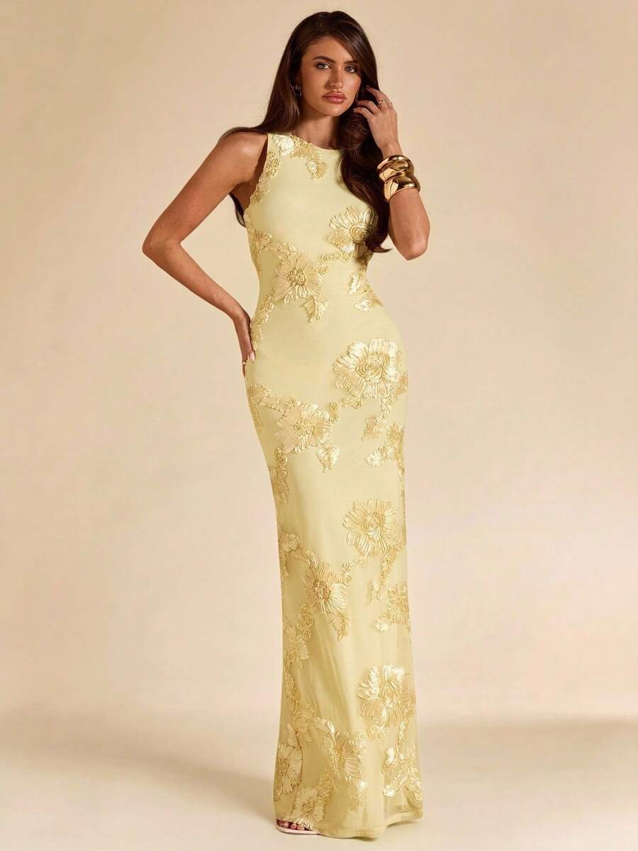 SHEIN BAE فستان أصفر بدون أكمام بتصميم منسوج أنيق