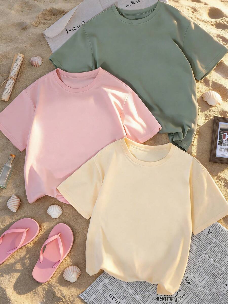 SHEIN طقم تي شيرت 3 قطع بياقة دائرية وأكمام قصيرة