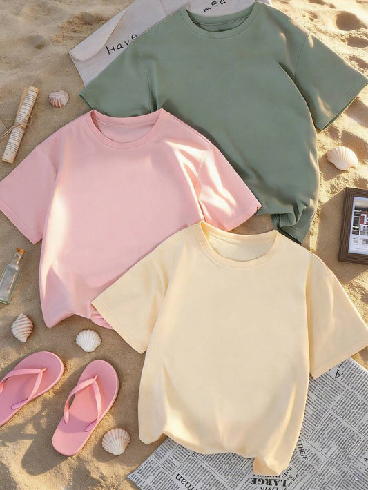 SHEIN طقم تي شيرت 3 قطع بياقة دائرية وأكمام قصيرة