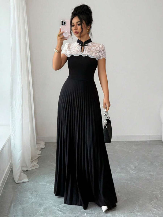 SHEIN Elenzya فستان أنيق بياقة ماندرين وتصميم لاسيه