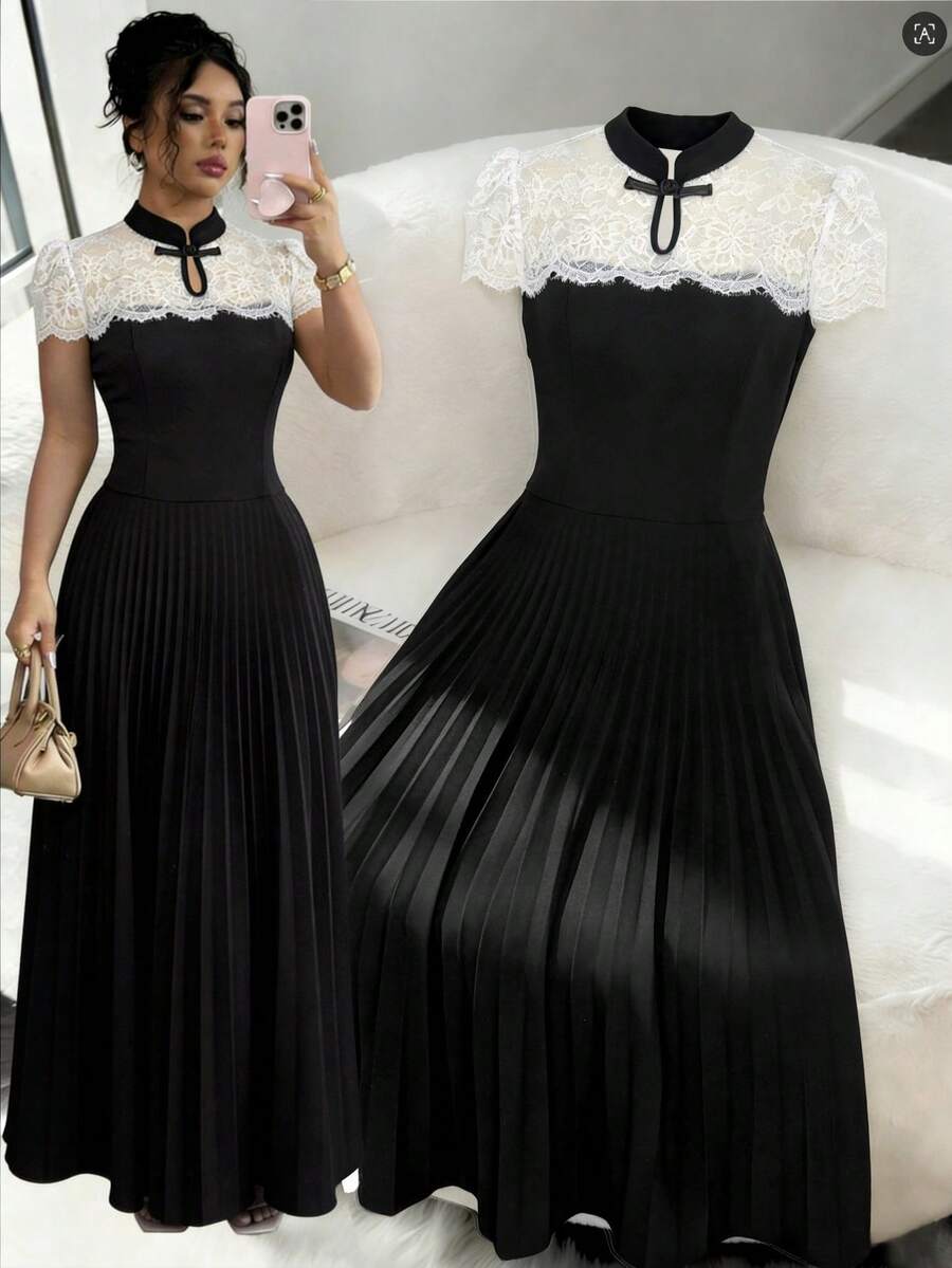 SHEIN Elenzya فستان أنيق بياقة ماندرين وتصميم لاسيه