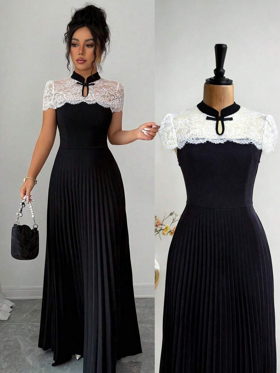 SHEIN Elenzya فستان أنيق بياقة ماندرين وتصميم لاسيه
