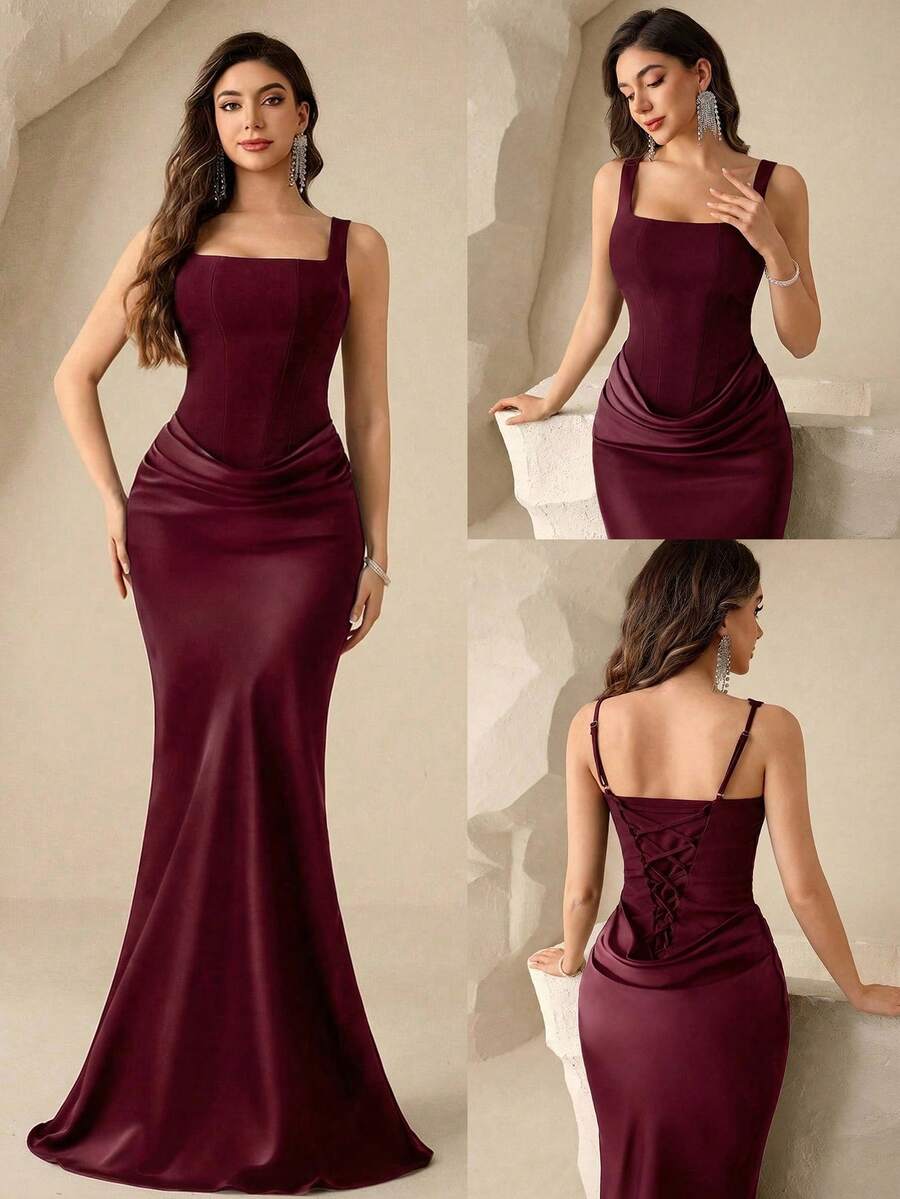 SHEIN Coutiva فستان سهرة بياقة مربعة بدون أكمام بلون عنابي
