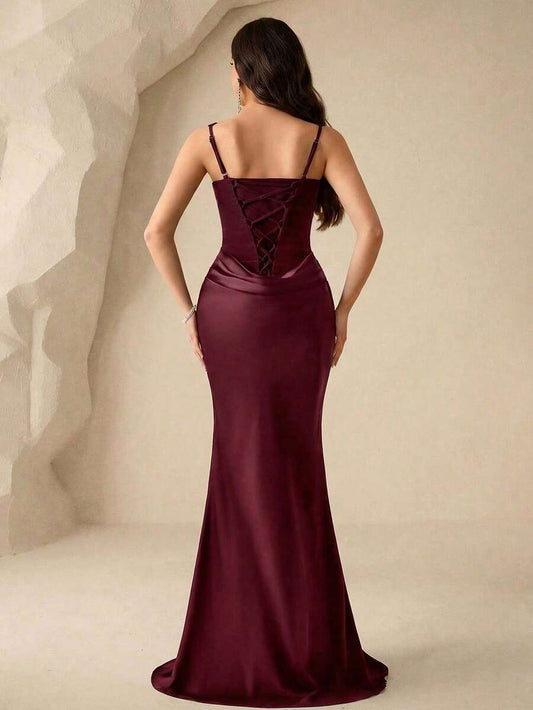 SHEIN Coutiva فستان سهرة بياقة مربعة بدون أكمام بلون عنابي