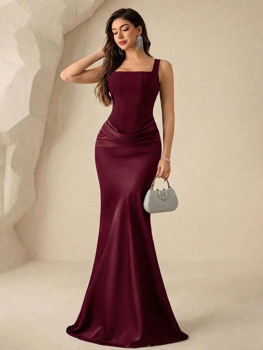 SHEIN Coutiva فستان سهرة بياقة مربعة بدون أكمام بلون عنابي