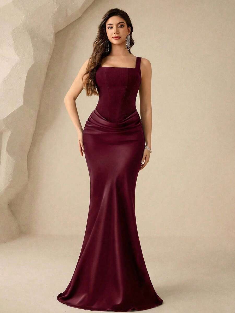 SHEIN Coutiva فستان سهرة بياقة مربعة بدون أكمام بلون عنابي