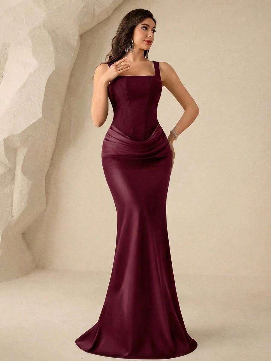 SHEIN Coutiva فستان سهرة بياقة مربعة بدون أكمام بلون عنابي