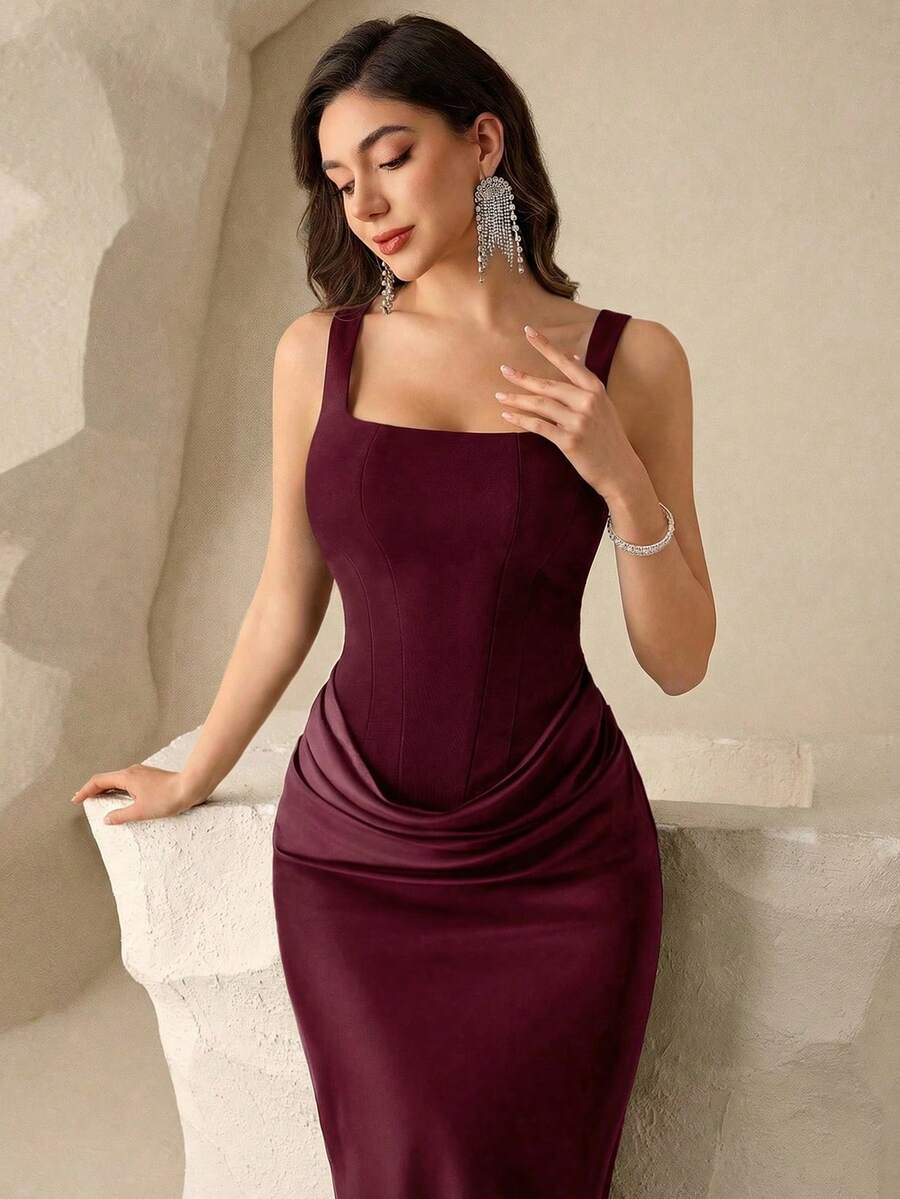 SHEIN Coutiva فستان سهرة بياقة مربعة بدون أكمام بلون عنابي