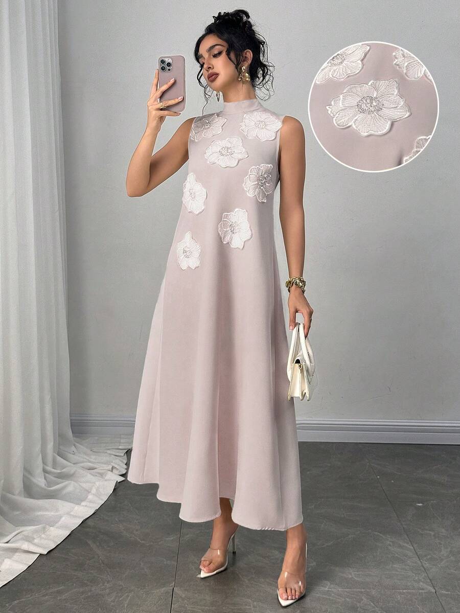 SHEIN Modelyn فستان رمادي طويل بتصميم زهور ثلاثية الأبعاد