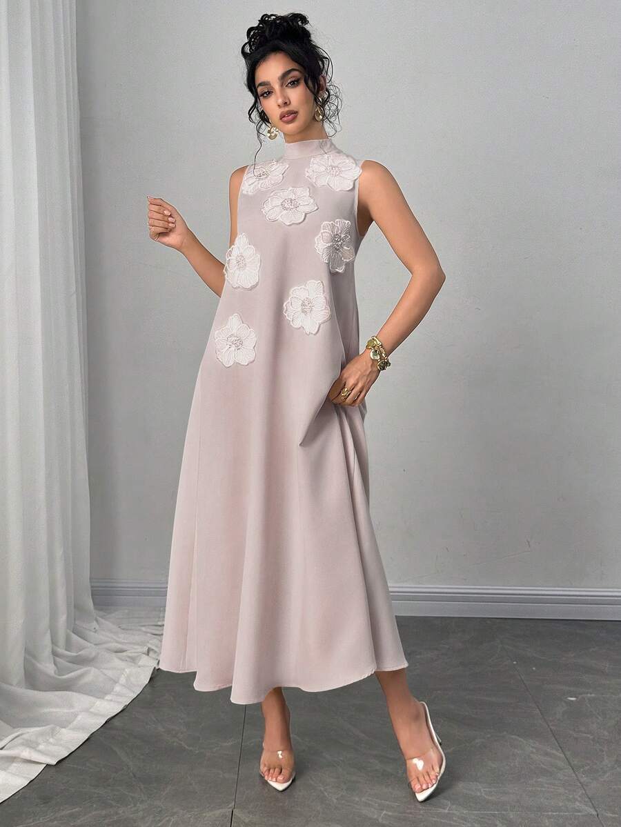 SHEIN Modelyn فستان رمادي طويل بتصميم زهور ثلاثية الأبعاد