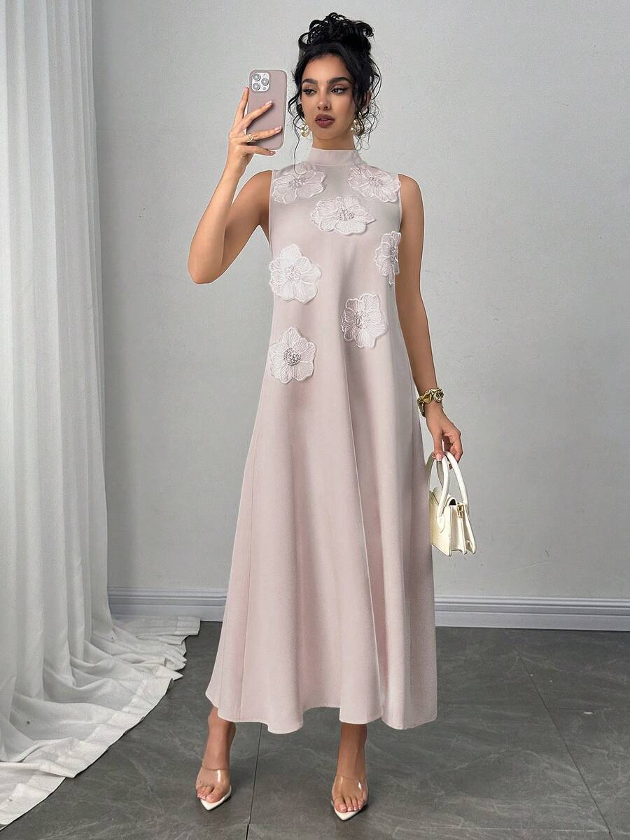 SHEIN Modelyn فستان رمادي طويل بتصميم زهور ثلاثية الأبعاد