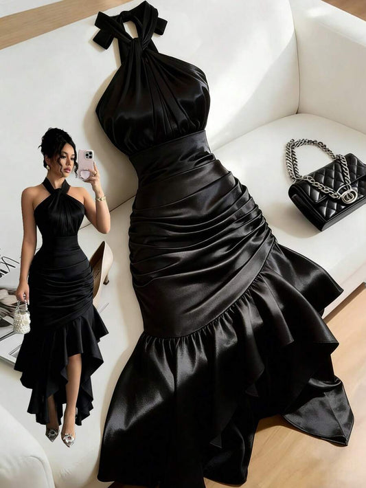 SHEIN Franclia فستان سهرة أسود بياقة حلقية وذيل مكشكش