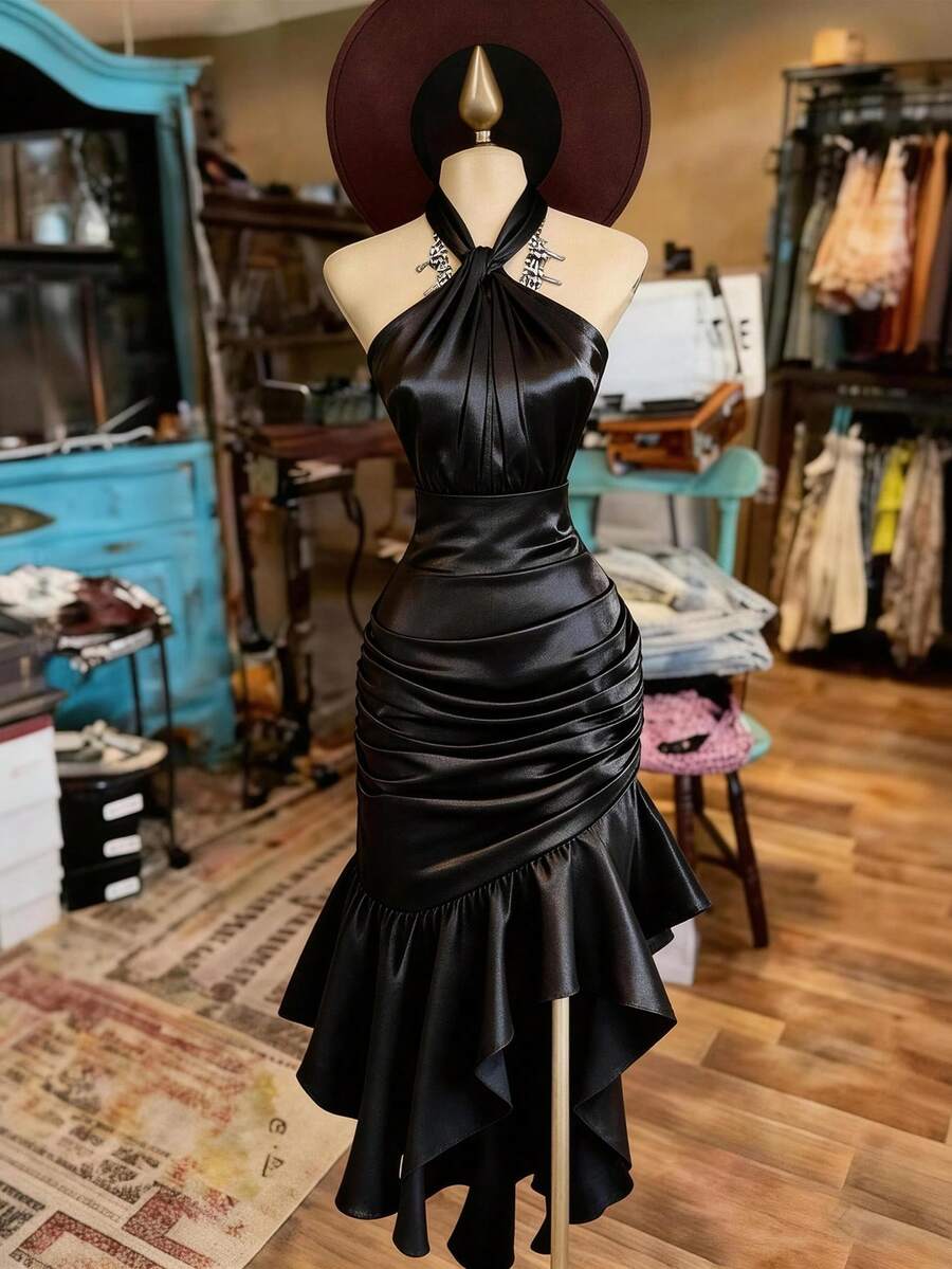 SHEIN Franclia فستان سهرة أسود بياقة حلقية وذيل مكشكش