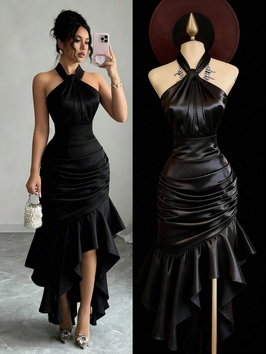 SHEIN Franclia فستان سهرة أسود بياقة حلقية وذيل مكشكش